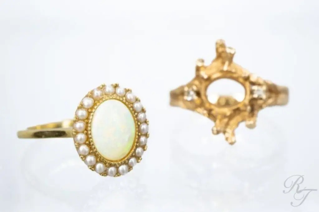 Restored heirloom jewelry showcasing an opal and pearl gold ring beside its original vintage setting