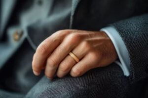 Close-up of a textured wedding band for men worn by a groom