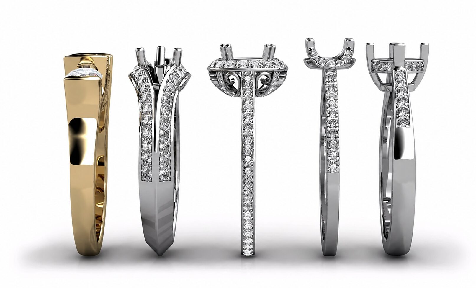 Different ring setting styles including bezel, prong, and halo shown side by side at Rick Terry Jewelry