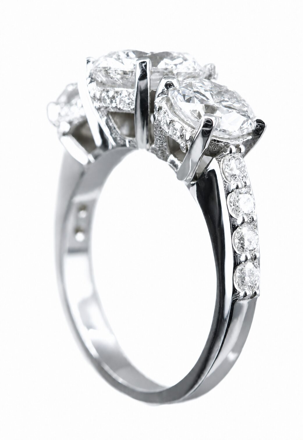 Three-stone diamond ring in white gold crafted at Rick Terry Jewelry in Knoxville Tennessee